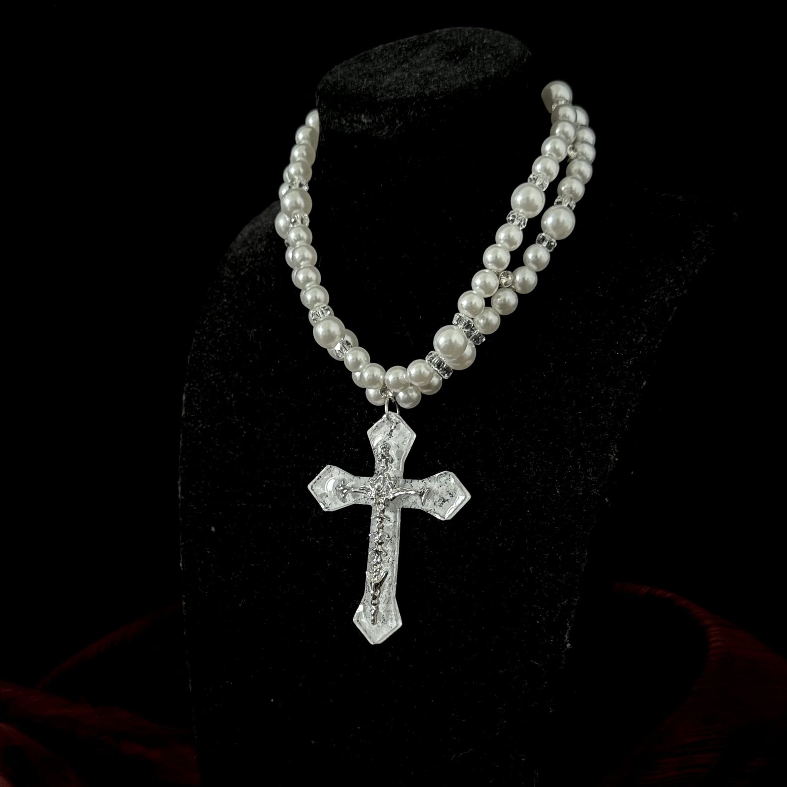 Ivory Pearl-Look Double-Strand Gothic Cross Necklace - Image 2