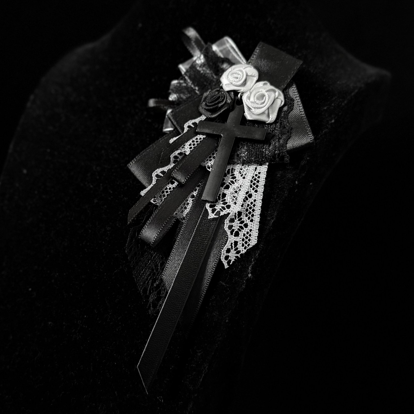 Black and ivory rose Gothic ribbon brooch with lace and long ribbon tails