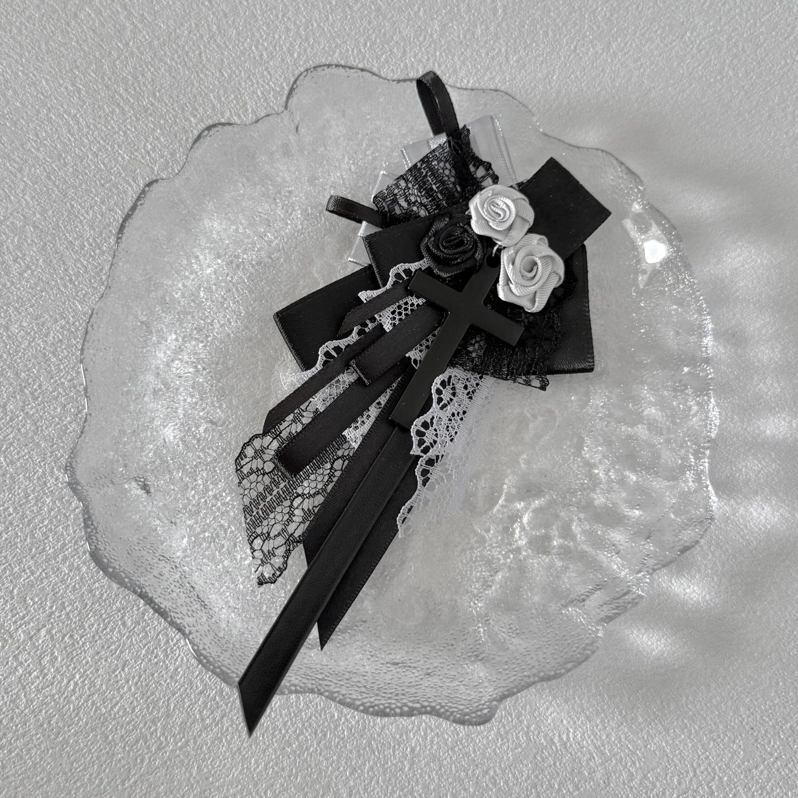 Black & Ivory Rose Gothic Ribbon Brooch - Image 5