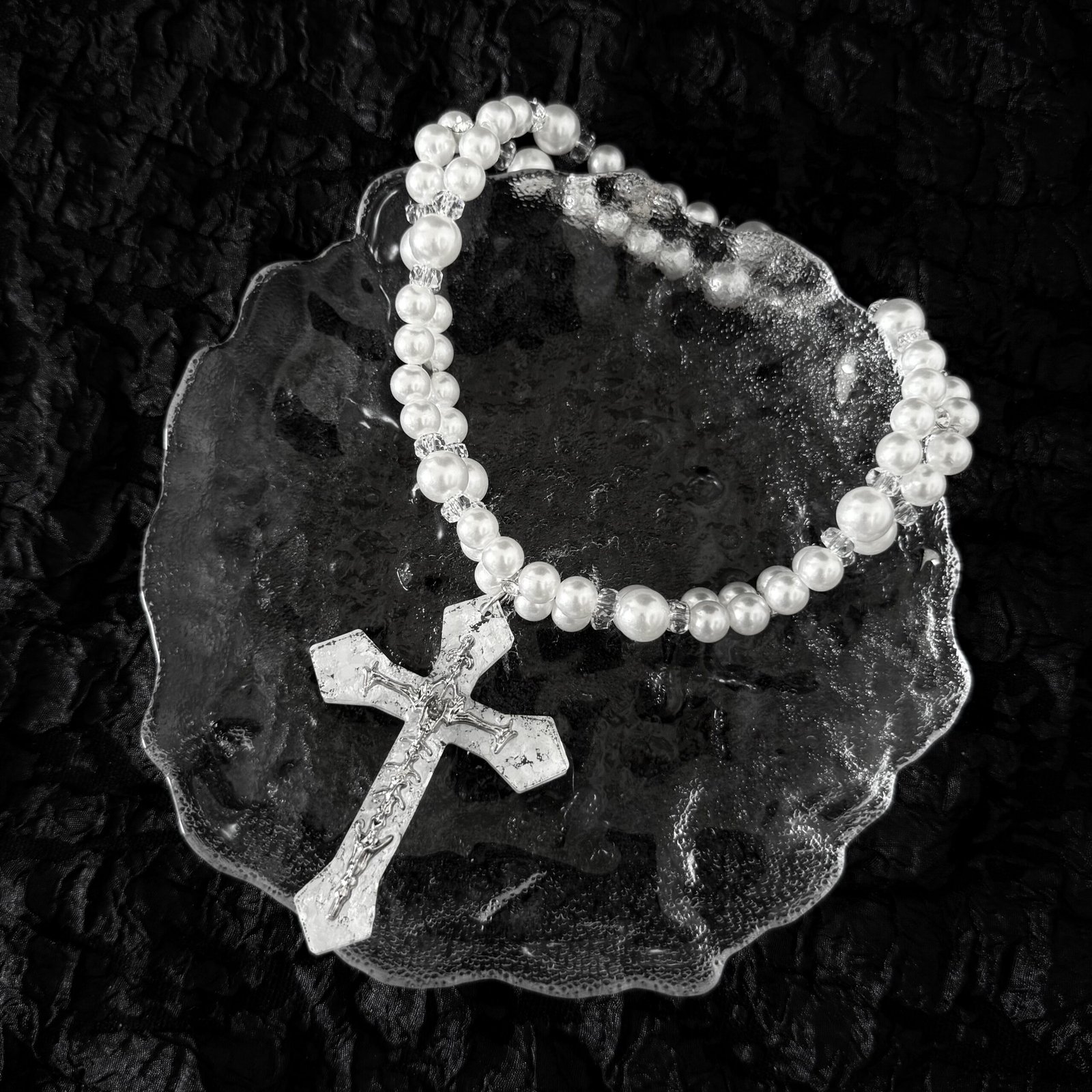 Ivory Pearl-Look Double-Strand Gothic Cross Necklace - Image 3
