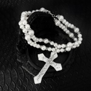 Victorian cross Gothic necklace with layered pearl-look beads