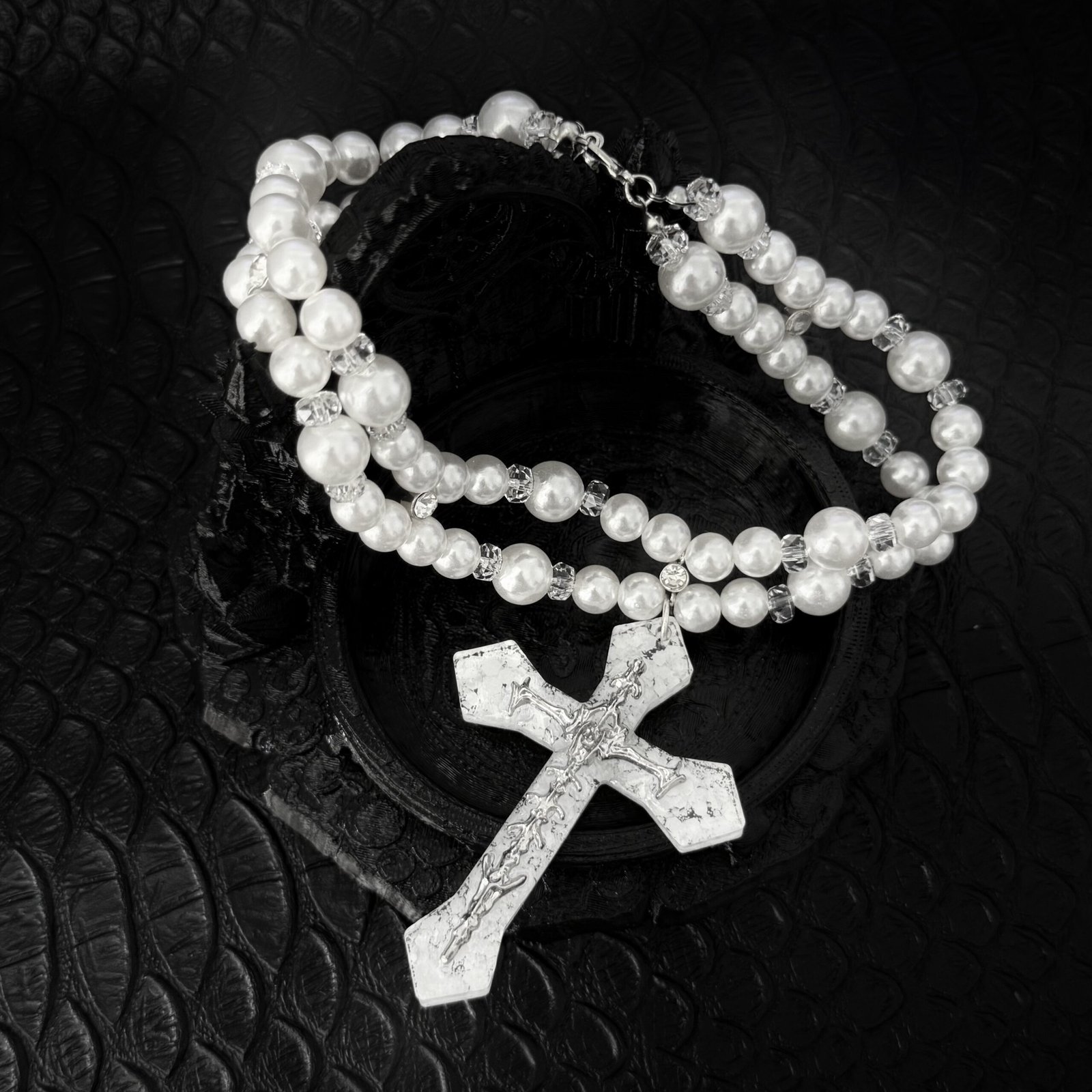 Victorian cross Gothic necklace with layered pearl-look beads