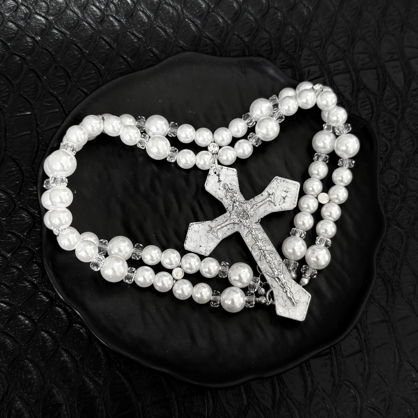 Ivory Pearl-Look Double-Strand Gothic Cross Necklace - Image 5