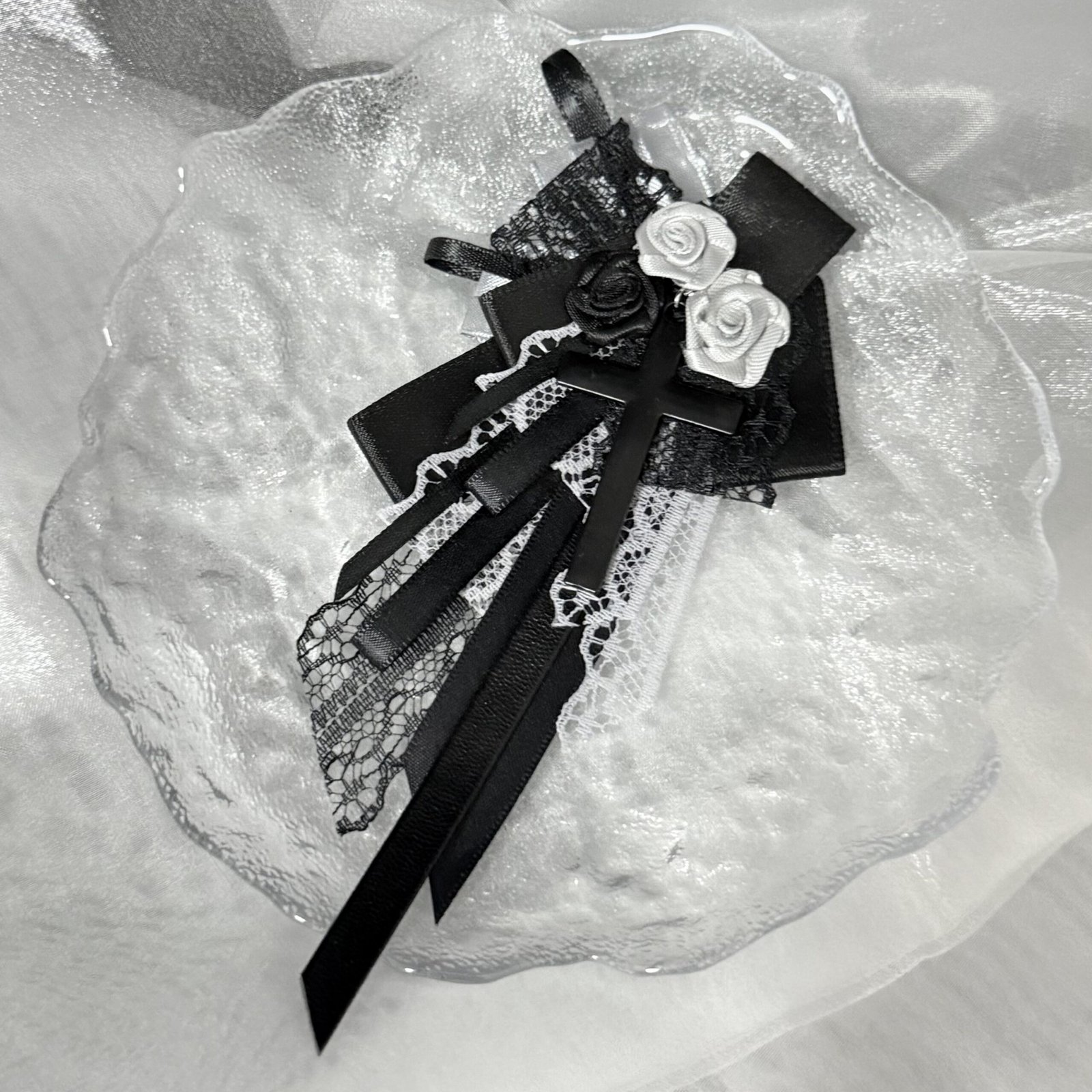 Black & Ivory Rose Gothic Ribbon Brooch - Image 2