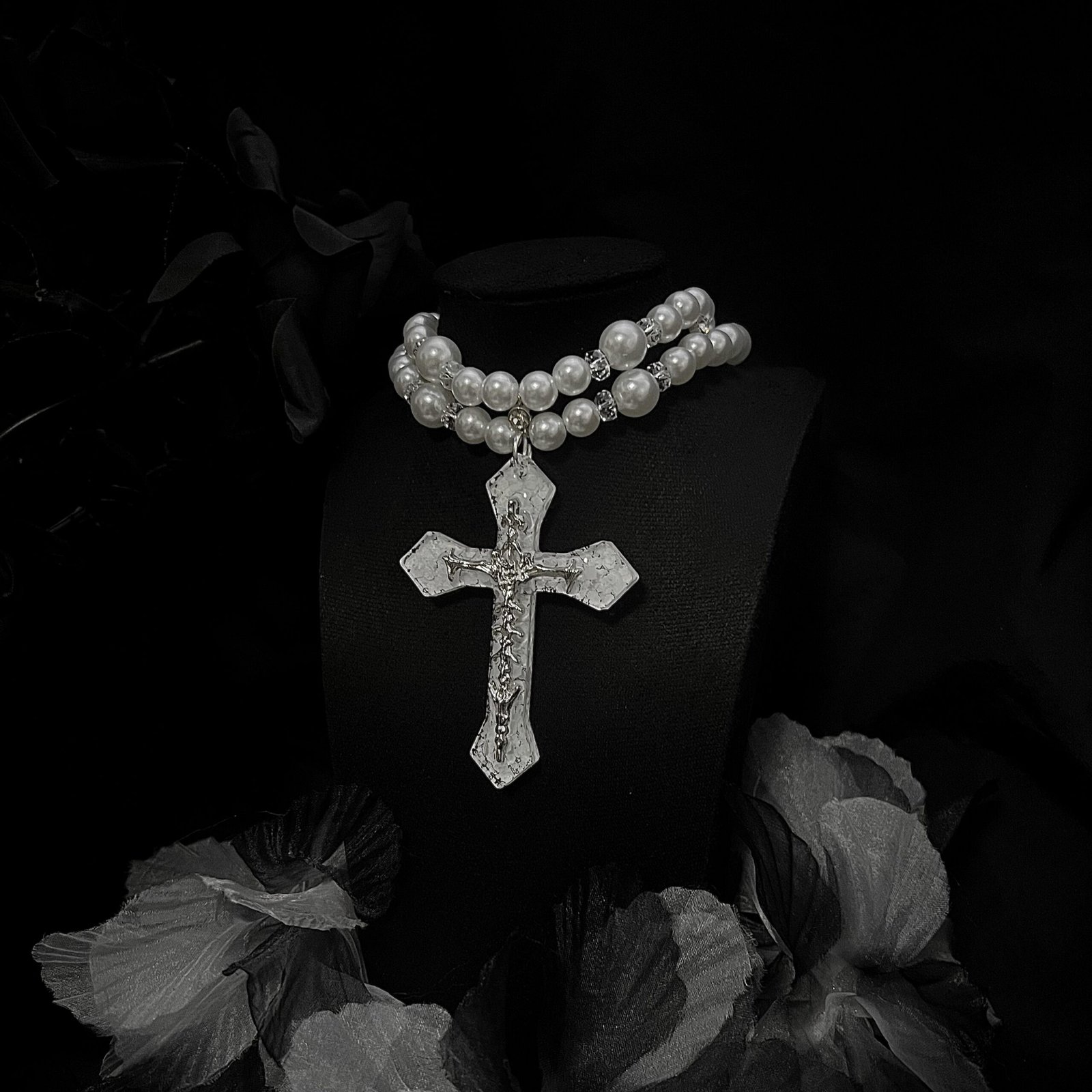 Ivory Pearl-Look Double-Strand Gothic Cross Necklace - Image 6