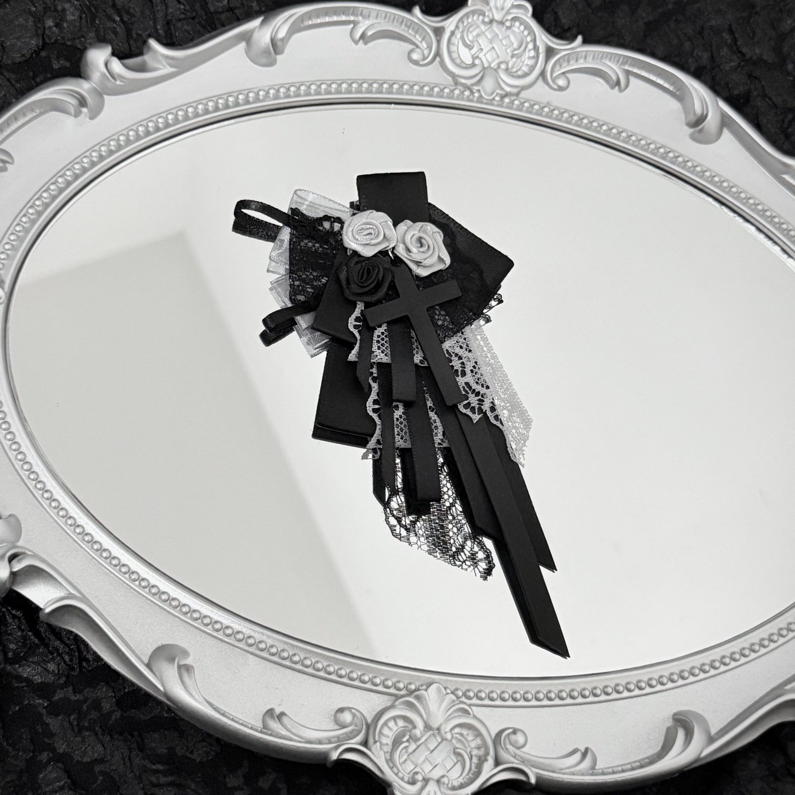 Black & Ivory Rose Gothic Ribbon Brooch - Image 4