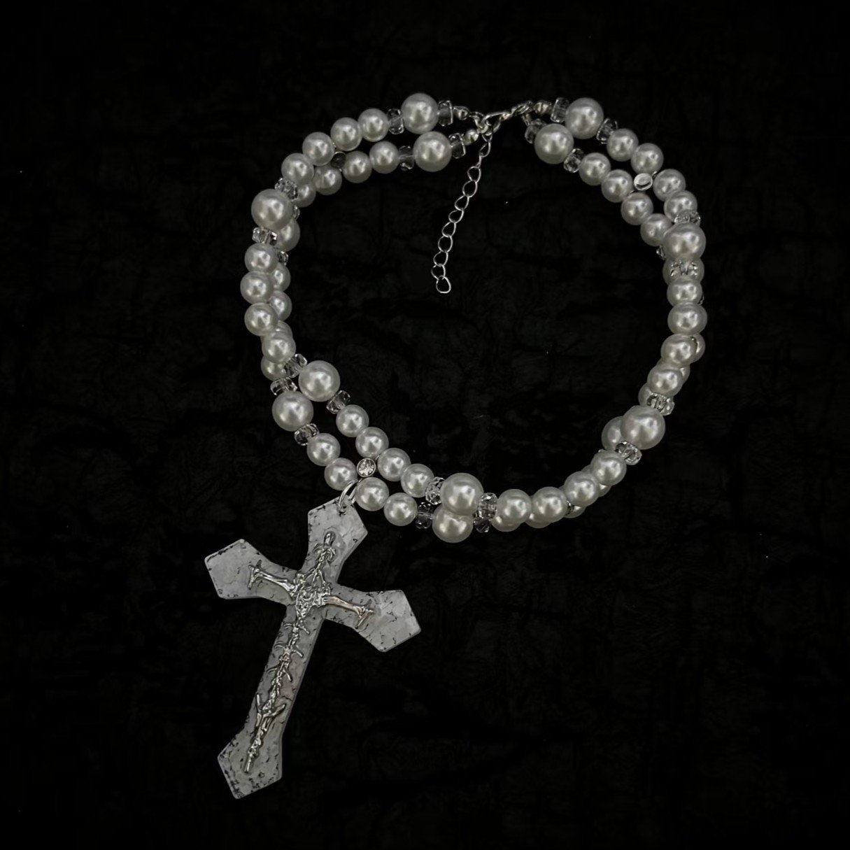 Ivory Pearl-Look Double-Strand Gothic Cross Necklace - Image 8