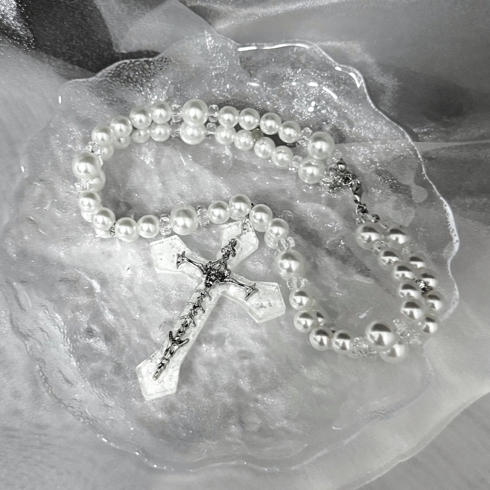 Ivory Pearl-Look Double-Strand Gothic Cross Necklace - Image 4