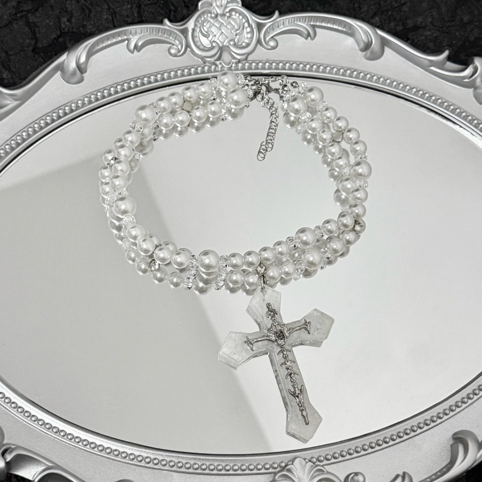 Ivory Pearl-Look Double-Strand Gothic Cross Necklace - Image 7